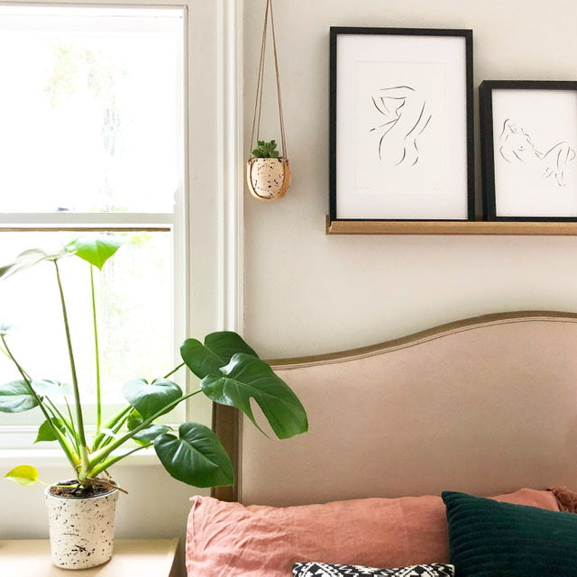 Blush Pink and Black Splatter pot with Leather Plant Hanger