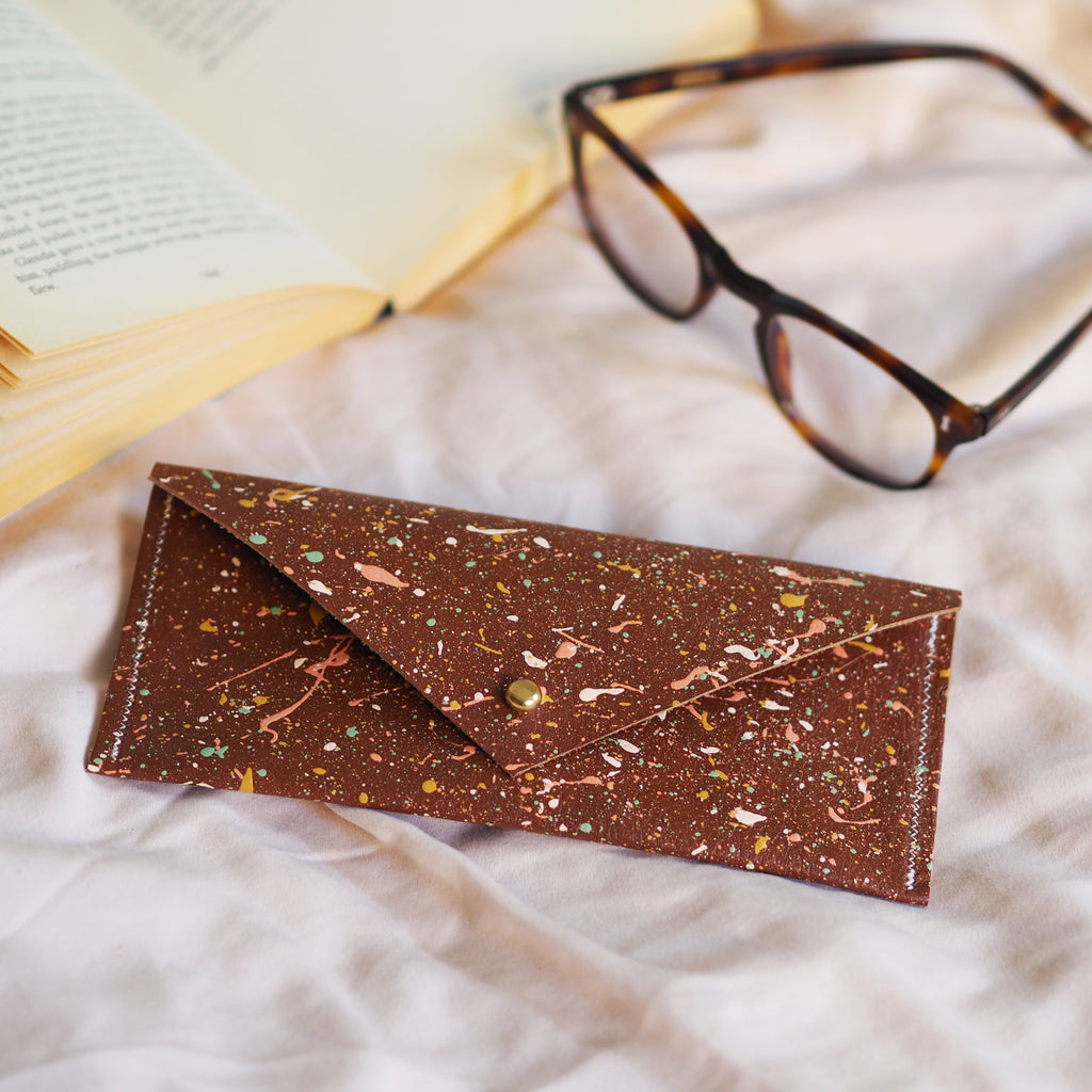 Brown with Colourful Splatters Leather Glasses Case