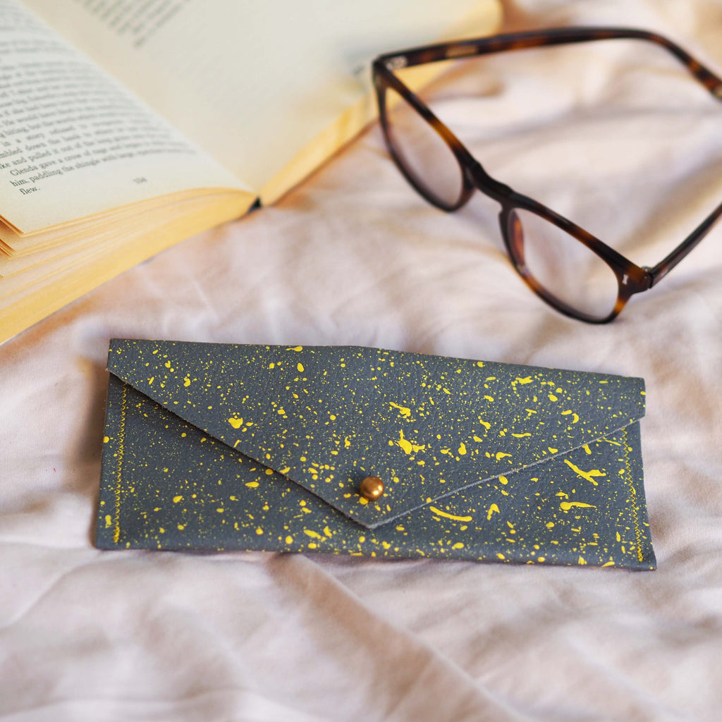 Grey Green with Yellow Splatters Leather Glasses Case