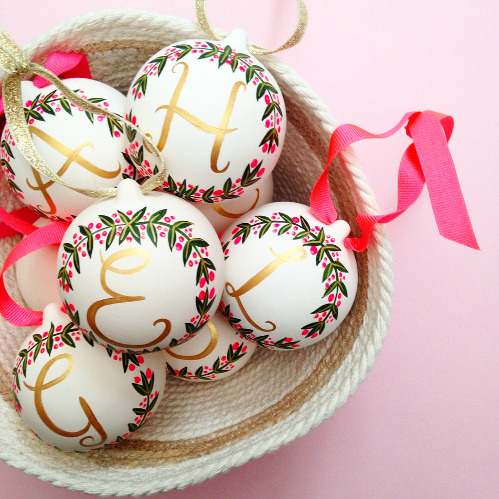 Hand Painted Alphabet Wreath Ceramic Bauble