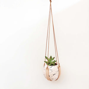 Blush Pink and Black Splatter pot with Leather Plant Hanger