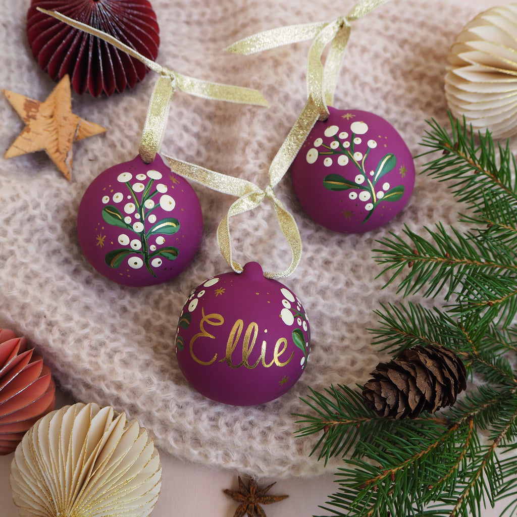 Personalised Festive Foliage Bauble - Plum