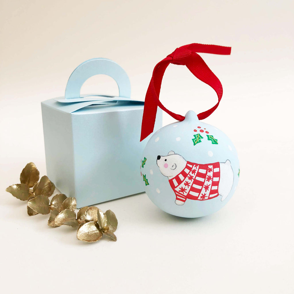 Polar Bear Hand Illustrated Personalised ceramic bauble