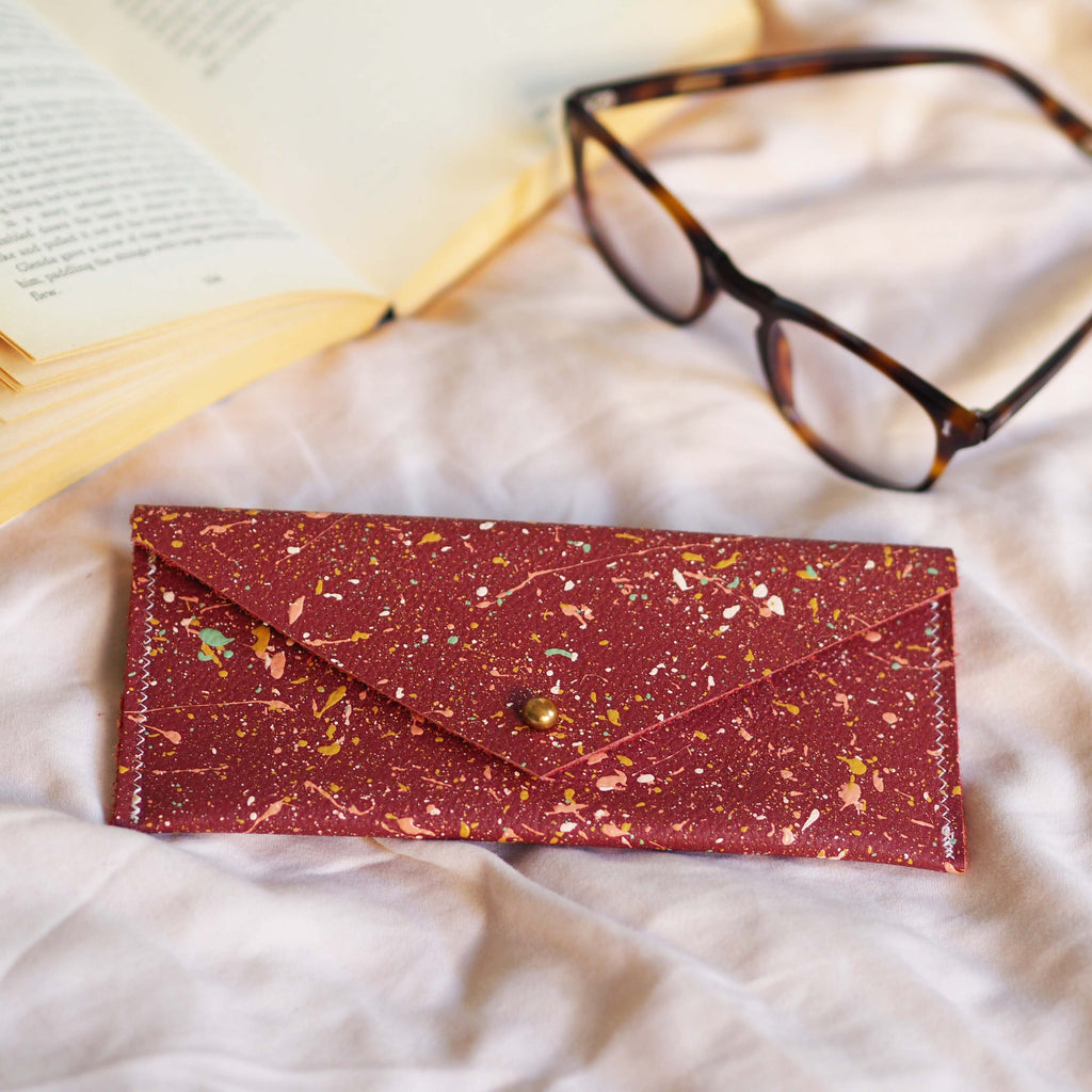 Rust Red with Colourful Splatters Leather Glasses Case
