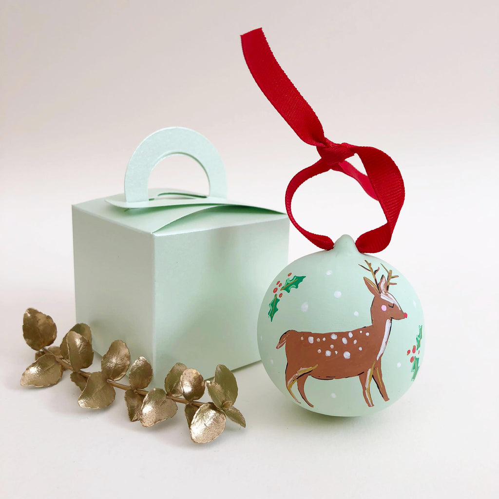 Reindeer Hand Illustrated Personalised ceramic bauble